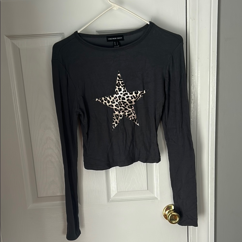 Women's Black Long Sleeve Top with Leopard Star by Express